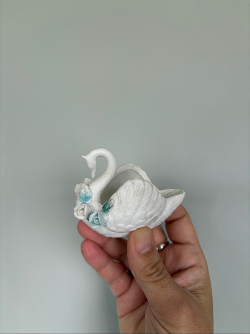 Vintage White ceramic Swan trinket Dish with Pale Blue Roses 1970s